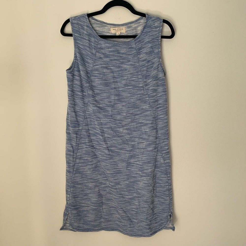 Max Studio Dress Women’s Small Blue White Knit Sleeveless Shift Dress Weekend